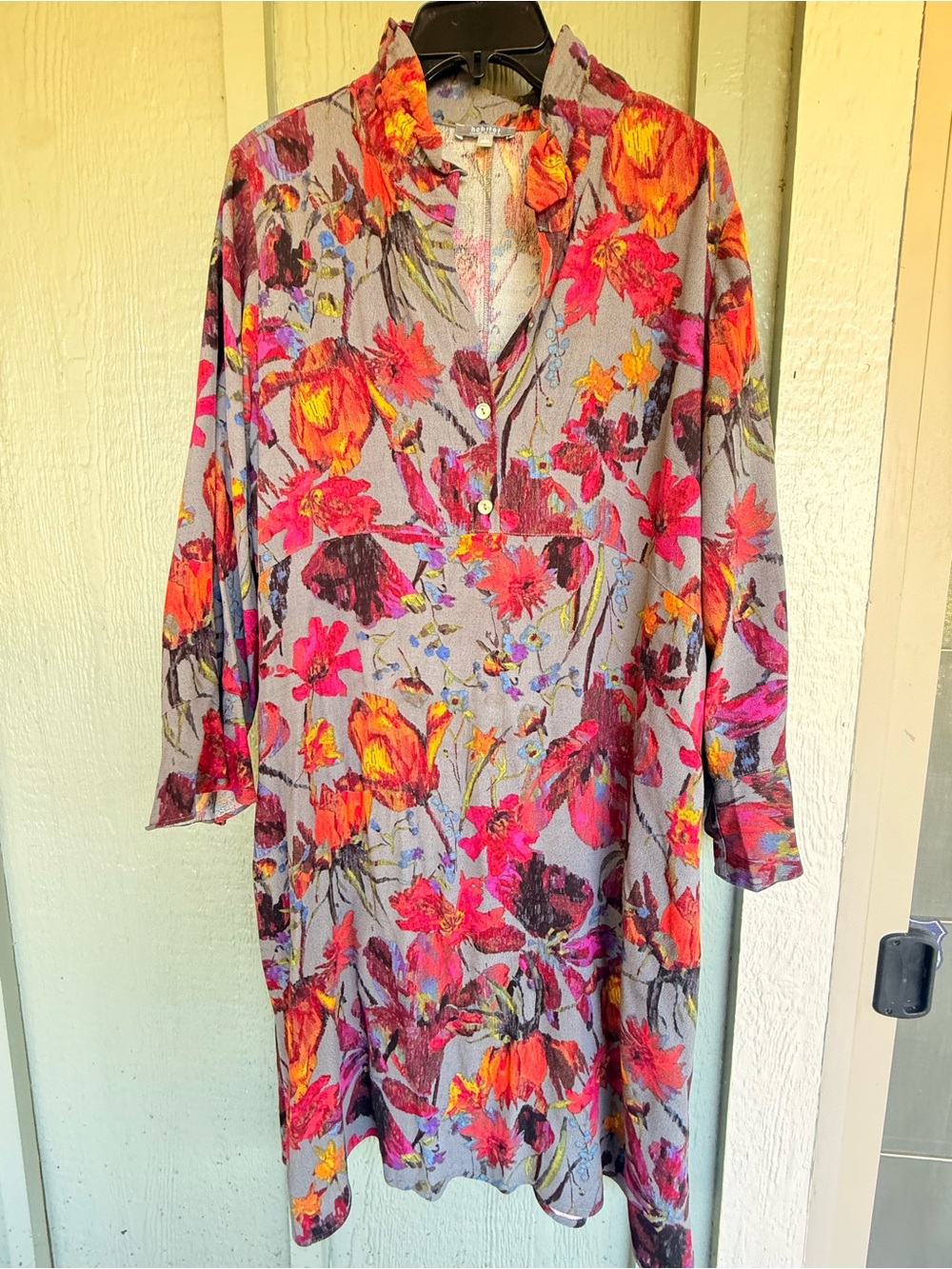 Habitat brand Floral Button-Front Tunic Dress in Gray with Bright Floral Print